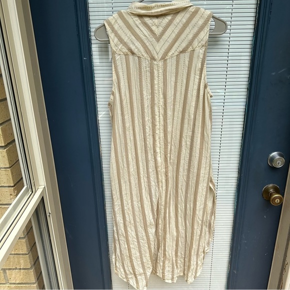 Anthropologie large vertical stripe cream tan tunic high low button down split - Picture 4 of 5